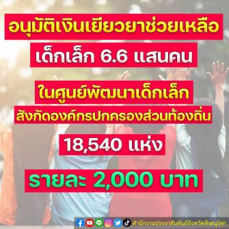 อนุมัติเงินช่วยเหลือเด็กเล็ก ศูนย์พัฒนาเด็กเล็กสังกัดองค์กรปกครองส่วนท้องถิ่น อบต เขต เทศบาล อนุมัติเงินเยียวยาเด็กนักเรียน เด็กเตรียมอนุบาล 6.6 แสนคน