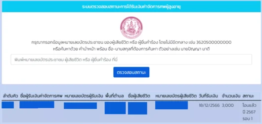 เงินค่าทำศพ สถานะโอนเงินค่าทำศพ 3000 บาท เรียบร้อยแล้ว